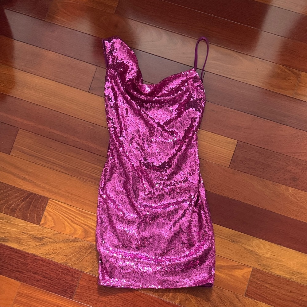 Hello Molly Pink Sequin One-Shoulder Dress NWOT